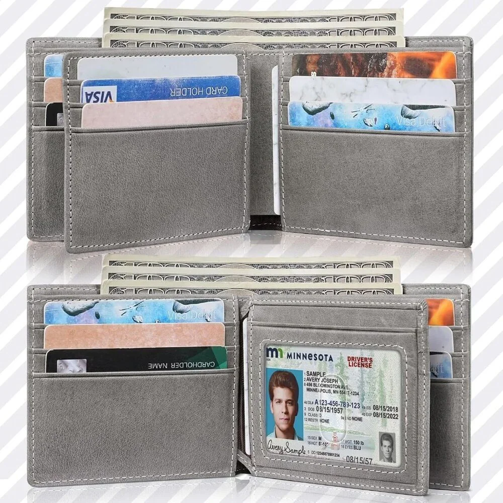 Men's Classic Holders Bifold Wallet Card Gray Genuine Leather 2 Cash Pockets